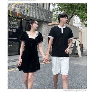 (Có 3XL nam và 2XL nữ) Váy thun đôi nam nữ cổ viền trang trí cổ điển chụp ảnh đẹp (Có ảnh thật)