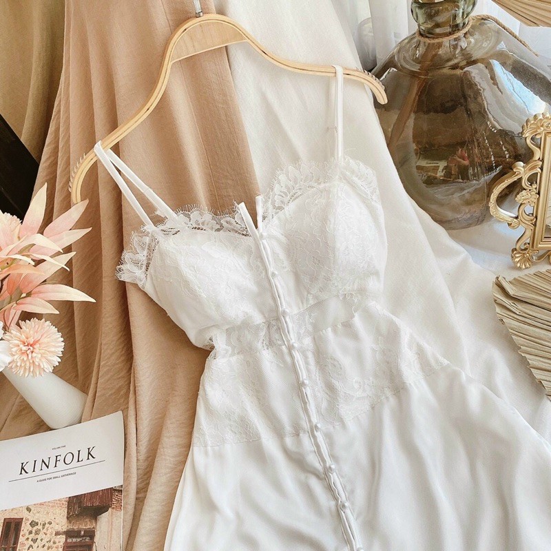 ẢNH THẬT TRẢI SÀN - ĐẦM MIDI TRẮNG 2S VIỀN REN PHỐI NÚT