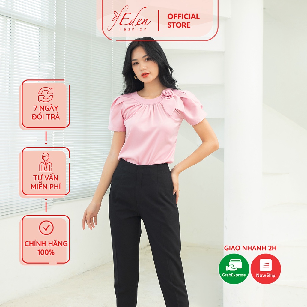 Áo kiểu nữ công sở suông cổ nhún phối hoa thời trang Eden tay ngắn chất liệu lụa mềm mát không nhăn - ASM168