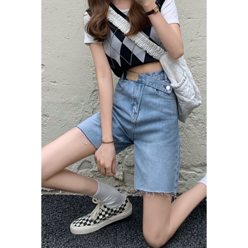 Light-colored denim shorts women's summer new style high-waist straight-leg raw-edge wide-leg pants loose pants