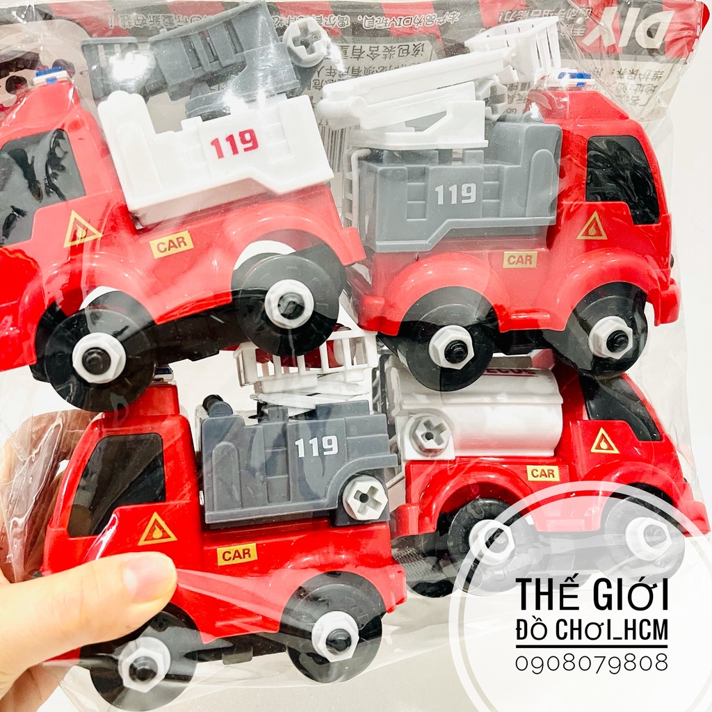 [LẮP RÁP CÓ TUA VÍT-TO] Túi đồ chơi 4 xe cứu hoả có kèm tua vích dành cho bé thích lắp ghép mô hình xe 666-632