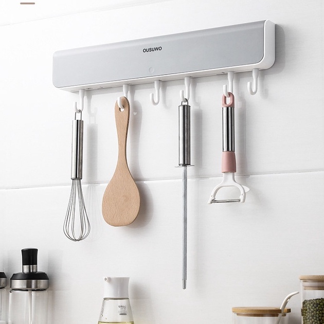 Kệ Đựng Đồ Gia Vị Kèm 6 Móc, Giá Treo Đồ Nhà Tắm Nhà Bếp Đa Năng Dán Tường