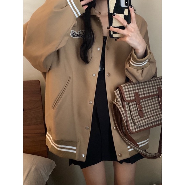 ÁO BOMBER NỈ HOT TREND MÀU NÂU CỰC TÂY