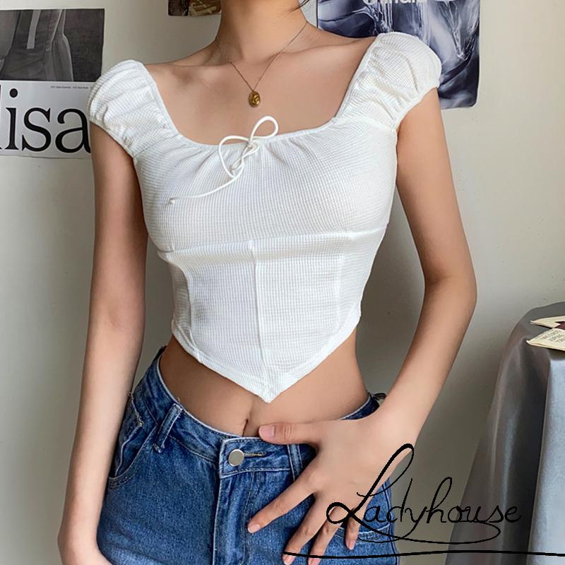 Áo Croptop Trễ Vai Tay Phồng Màu Sắc Đơn Giản Dành Cho Nữ