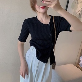 【ZHELIHANGFEI】 Áo Cardigan Dệt Kim Lụa Lạnh Tay Ngắn Cổ Chữ V Phối Nút Bên Hông