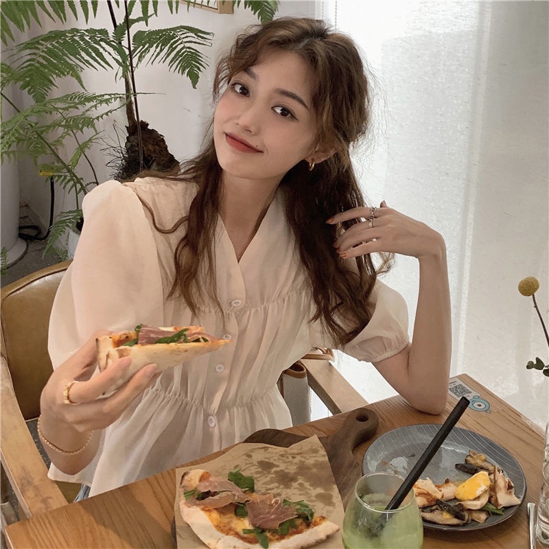 Áo Kiểu Tay Phồng Ngắn Cổ Chữ V Form Rộng Phong Cách Hàn Quốc