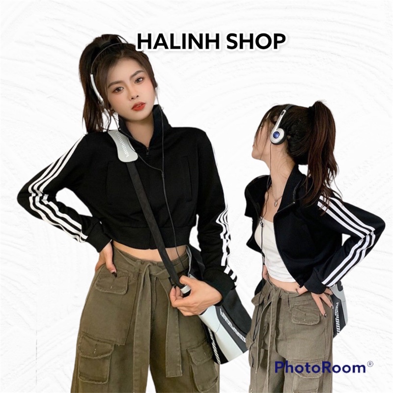 Áo khoác croptop nữ, khoác nỉ zip 3 sọc dáng lửng dài tay nữ màu đen thể thao đi tập đi chơi sexy-Size S M -Halinh Shop