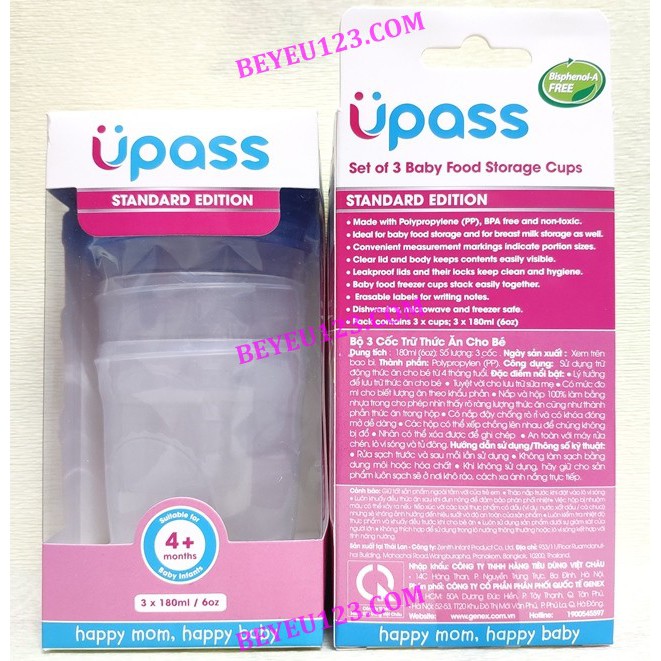 Bộ 3 hộp đựng thức ăn dặm - trữ sữa Mẹ 180ml Upass UP0327N (Made in Thailand)