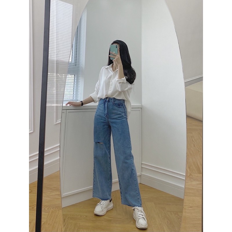 Quần jean nữ ống suông rách gối, Beatle Jean LUCETFASHION, quần bò nữ ống rộng