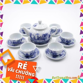 Bộ Ấm Chén Bát Tràng ⚡️𝐅𝐑𝐄𝐄 𝐒𝐇𝐈𝐏⚡️ men lam Trúc Lâm Thất Hiền 400ml + TẶNG hộp logo Bát Tràng