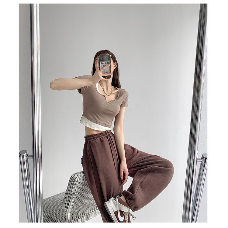 Áo Thun Ngắn Tay Giả Hai Lớp Phong Cách Đường Phố Cho Nữ