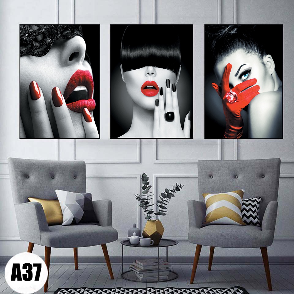 Bộ 3 bức tranh cô gái trang trí phòng,tiệm nail,spa
