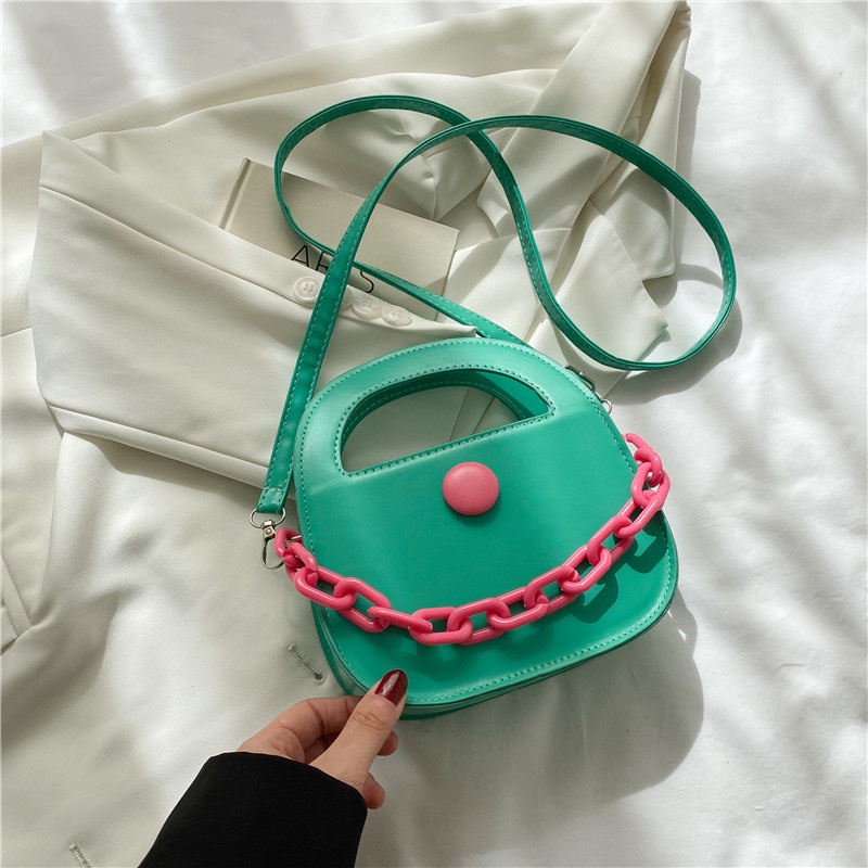 Túi xách IELGY đeo chéo dáng vuông nhỏ phối dây xích màu sắc dễ thương cho nữ