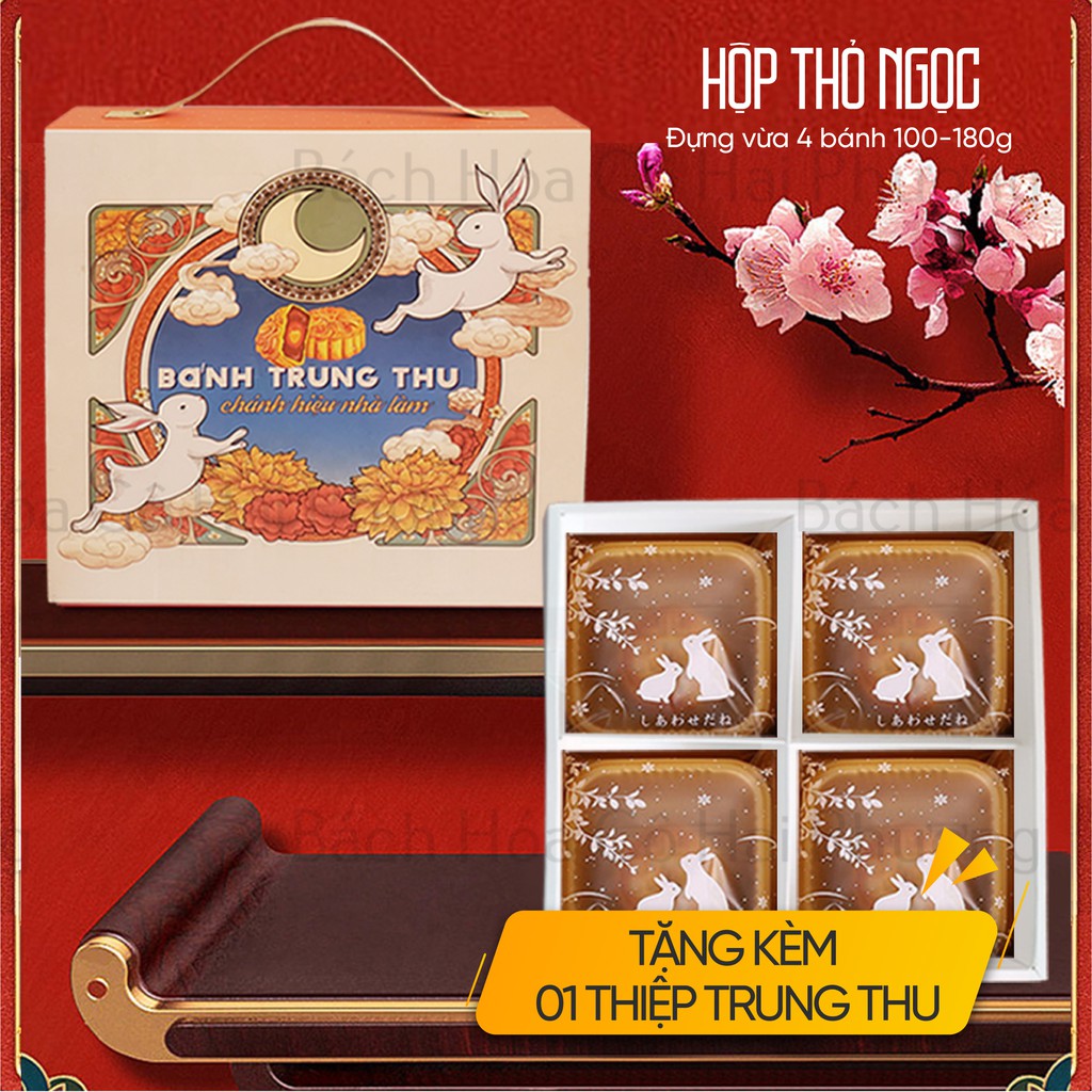 [FREESHIP] Hộp trung thu 4 bánh (4 bánh 100-180g). - Tặng kèm thiệp trung thu, khay chia ngăn - KT Hộp 20.5x20.5cm