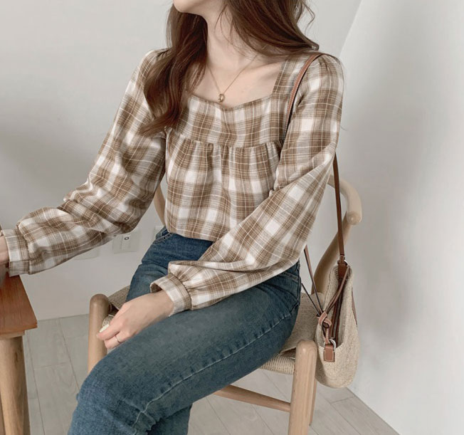 SUXI Áo kiểu tay dài cổ vuông thời trang dành cho nữ