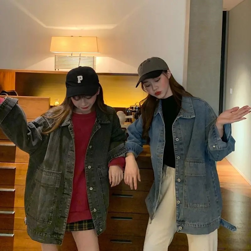 Áo Khoác Jean Dài Tay Màu Xanh Và Đen Cổ Bẻ Cài Cúc Dáng Rộng Chất Loại 1, Áo Denim Cá Tính Bụi Bặm Style Ngầu Chất
