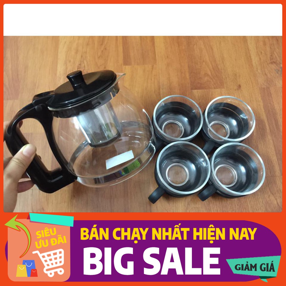 Bộ Bình Lọc Trà Thủy Tinh Kèm 4 Ly - Lưới Lọc Inox 304 Tiện Dụng