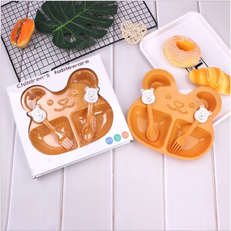 Khay ăn dặm cho bé hình Gấu kèm muỗng nĩa chất liệu an toàn cho bé