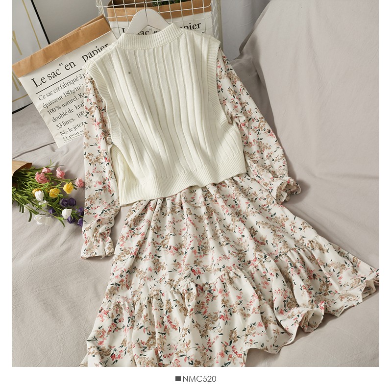 Set váy hoa + áo gile len freesize