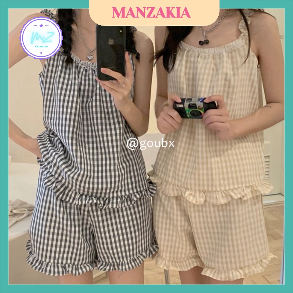 Bộ ngủ kate 2 dây mặc nhà 3 màu caro siêu cute manzakia