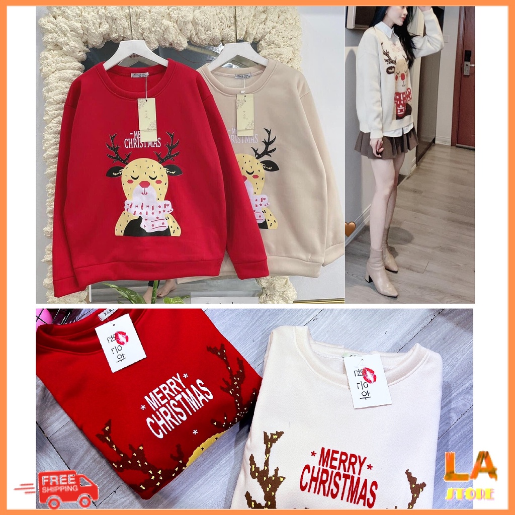 Áo Nỉ Bông Cổ Tròn Dáng Rộng In Hình Tuần Lộc Kiểu Dáng Unisex Dành Cho Nam Nữ Freesize