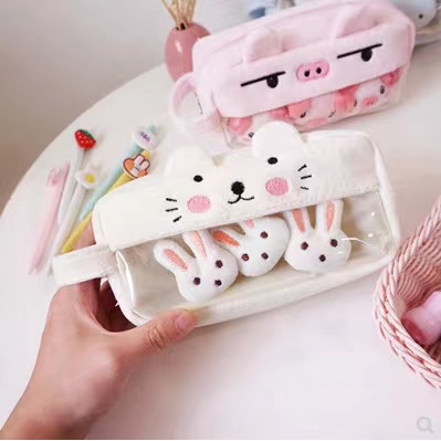 Túi Đựng Bút Chì / Đồ Trang Điểm Sức Chứa Lớn Phủ Lông Họa Tiết Hoạt Hình Dễ Thương Cho Nữ