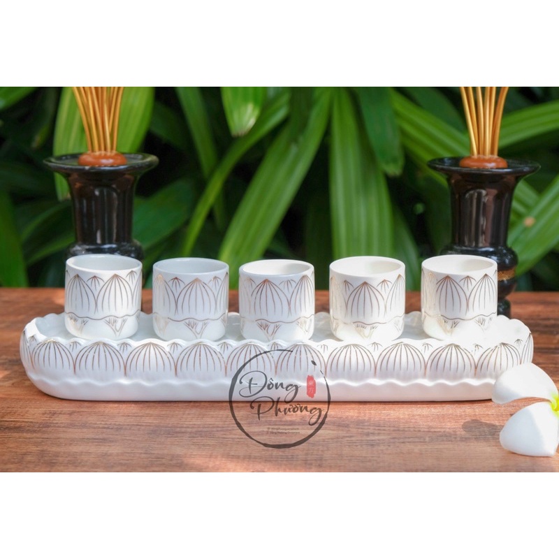 Bộ đồ thờ cúng thần tài thổ địa - Set bàn thờ gia tiên sứ Bạch Ngọc Búp Sen Cao Cấp