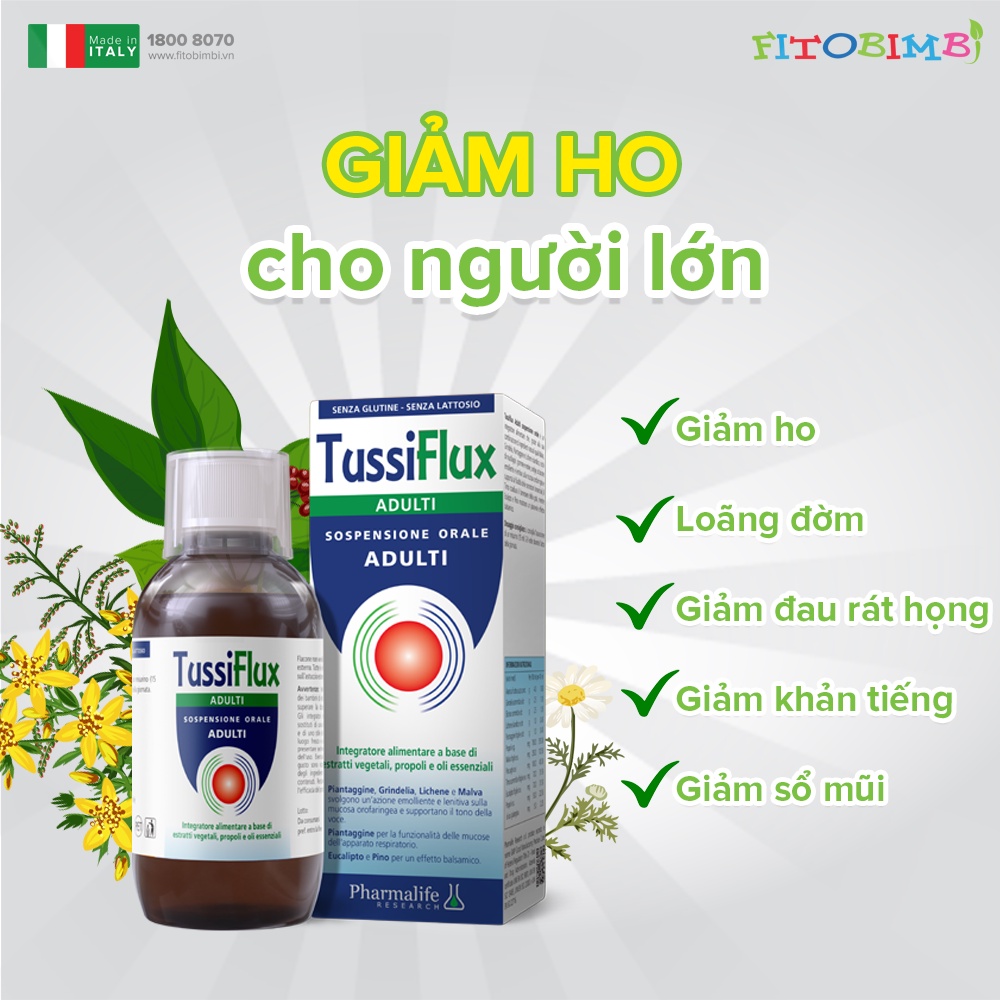 Siro Ho FITOBIMBI Tussiflux Adulti Giảm Dịu Họng Khàn Tiếng Hết Đờm Bảo Vệ Họng