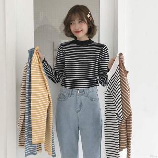 Áo len cổ lọ dài tay sọc trắng đen thời trang Hàn Quốc