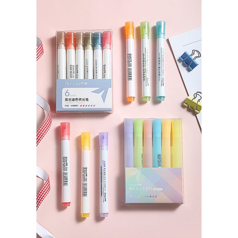 Peach 6Pcs Color fluorescent notebook pen set Student stationery and office supplies