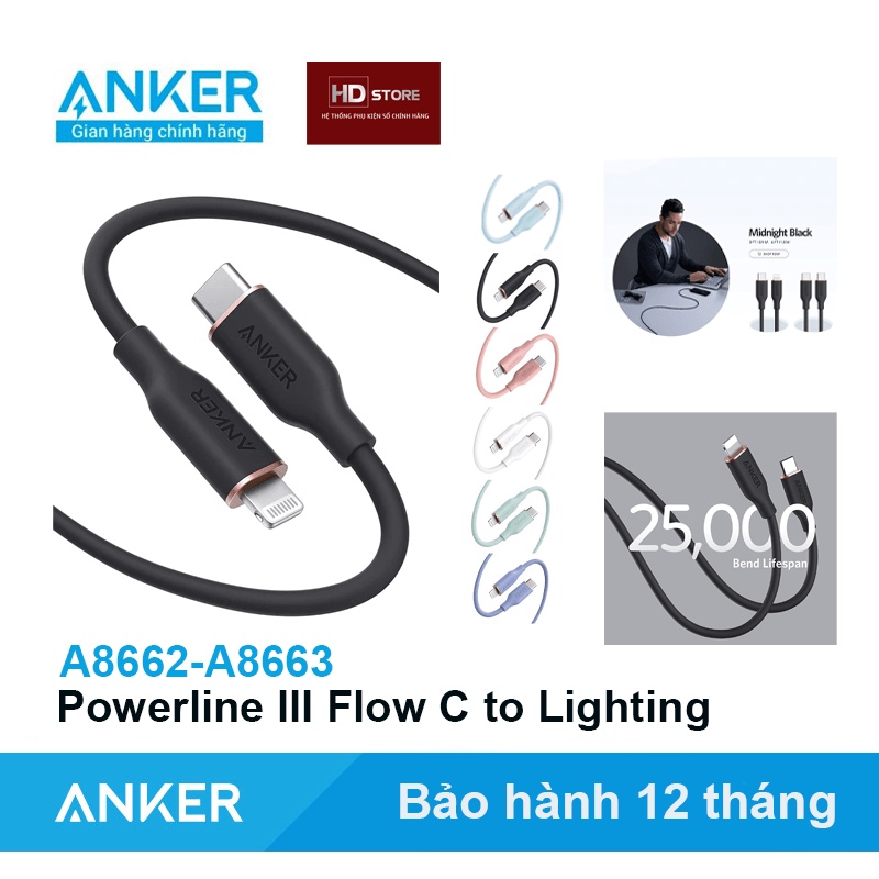 Cáp sạc nhanh Anker Powerline III Flow Type C To L IP MFI C94 - A8662 A8663 Siêu mềm mại siêu bền