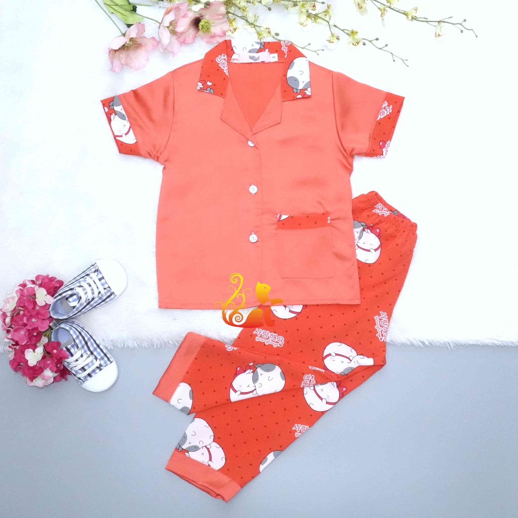 Đồ Bộ Pijama Satin "Gấu đôi " Áo Phối Trơn Quần Dài Cho Bé - Từ 12kg - 42kg.