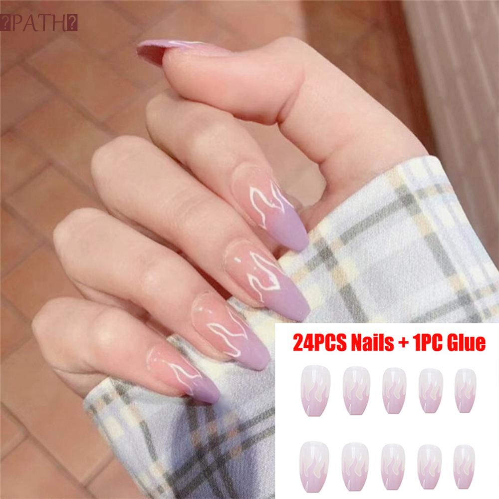 Set 24 móng tay giả acrylic họa tiết xanh dương/tím xinh xắn