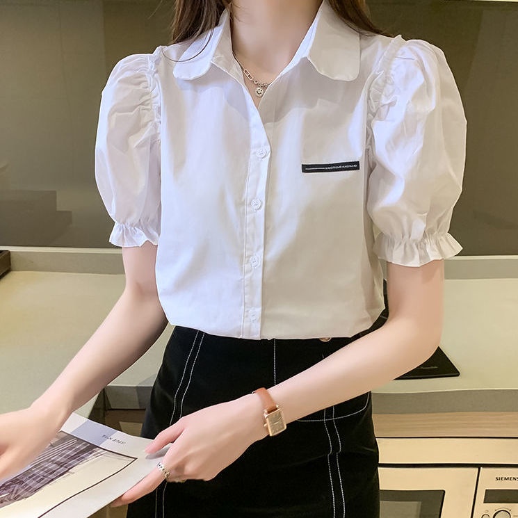 Áo sơ mi nữ BH vải chiffon tay ngắn phồng dáng rộng phong cách Pháp thời trang xinh xắn