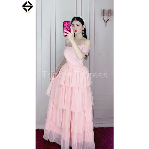 Đầm dự tiệc bẹt vai xếp tùng phối viền dây đá tua rua TRIPBLE T DRESS -Size M/L - MS236V