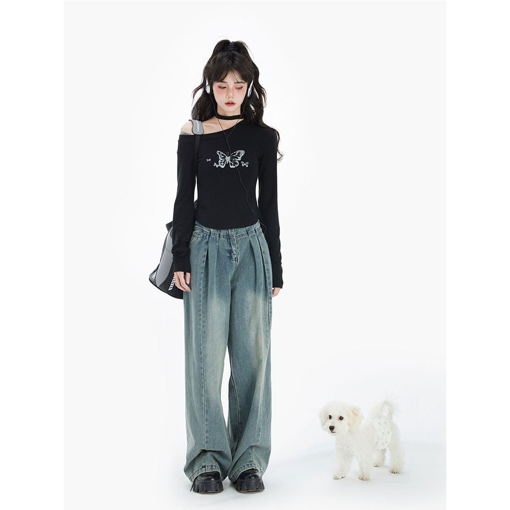 Áo thun COZOKC tay dài trễ vai in họa tiết thời trang