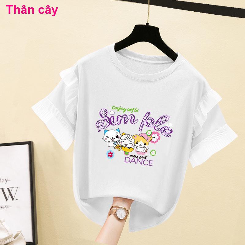 cottonÁo phông ren tay ngắn cho bé gái mùa hè 2021 mới học sinh cấp 2 Phiên bản Hàn Quốc của khoác nữ hoạt hìn