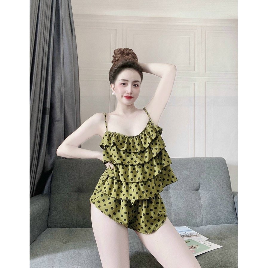 Đồ Ngủ Lụa Satin NGUYEN, Đồ Bộ Nữ Đồ Mặc Nhà 2 Dây Tầng Quần Cọc Chất Lụa Họa Tiết Chấm Bi Dễ Thương Xinh Xắn. | BigBuy360 - bigbuy360.vn
