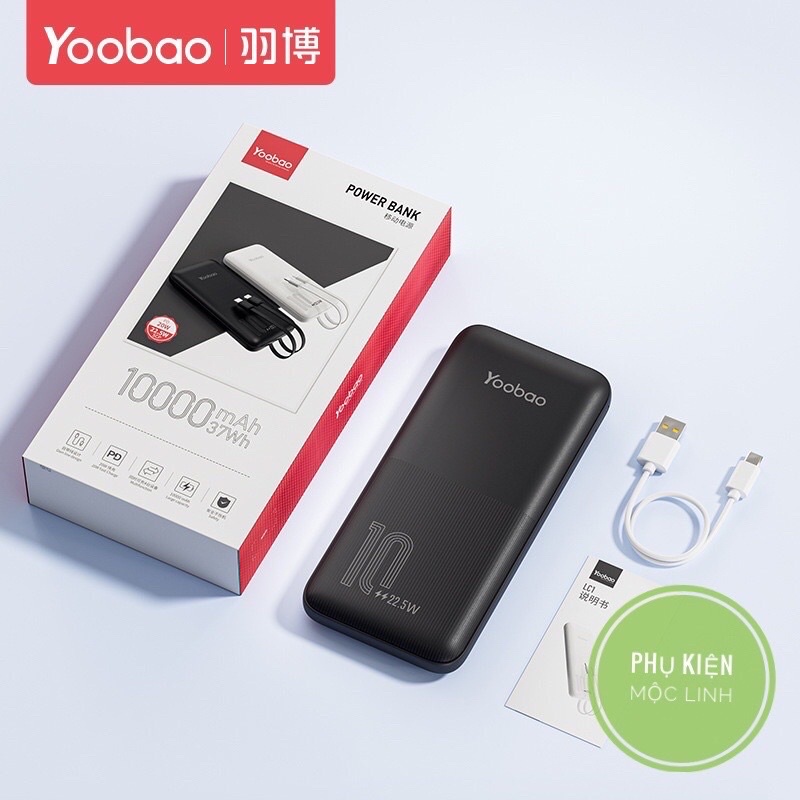 Pin Sạc Dự Phòng Yoobaao DL 10000mAh Dòng Sạc 22.5w 2 Cáp mỏng tích hợp Sạc nhanh Cáp Lightning TypeC