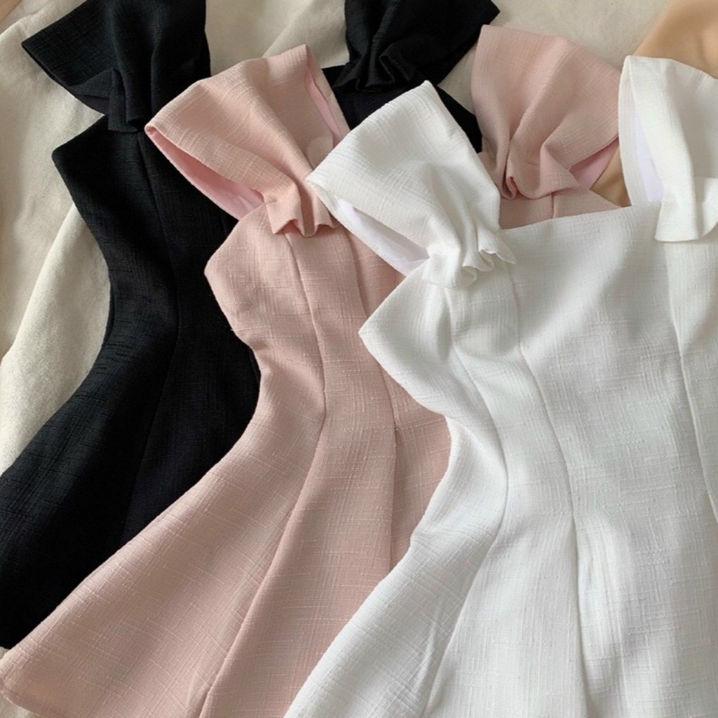 Áo peplum cổ vuông rộng vai tay nhí bo eo dáng xòe