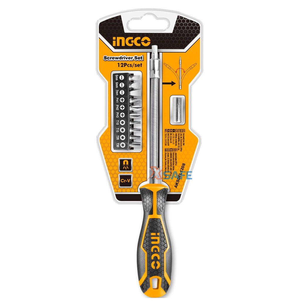 Bộ 12 tua vít thay đổi trục linh hoạt INGCO AKSDFL1208 thiết kế nhỏ gọn, trọng lượng nhẹ Bộ tuốc nơ vít đa năng