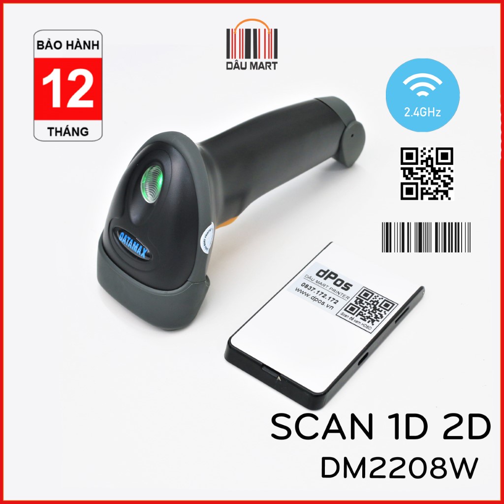 Máy quét không dây 2D dPos DM2208W đọc mã vạch 1D Barcode mã 2D QR Code chuyên dụng cho shop siêu thị và kho hàng hóa