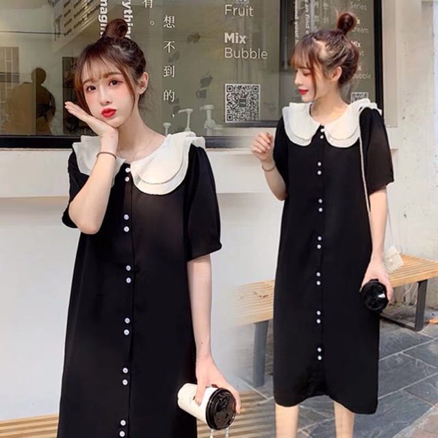 {order big size,L-4Xl}Váy cổ tròn cách tân 2 lớp đính khuy cài giữa