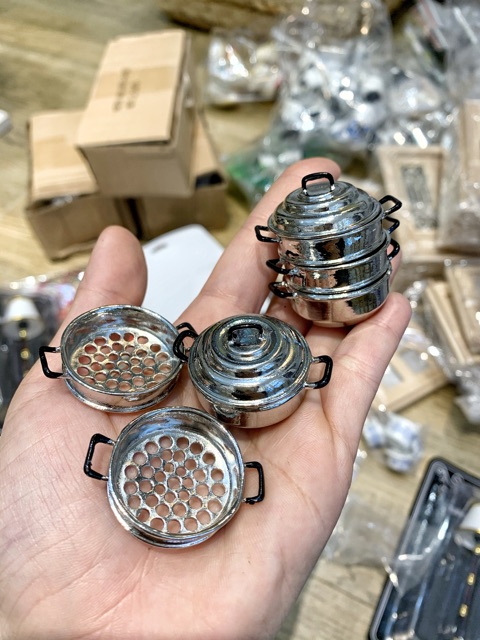 Mô hình nồi hấp to 3 tầng bằng kim loại/ inox cho nấu ăn mini