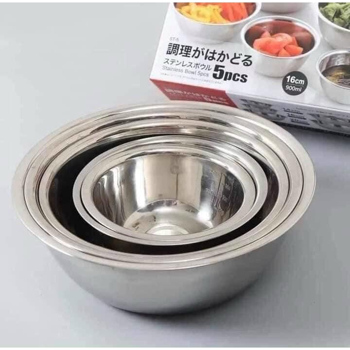 Combo 5 Thau Bằng Inox Cao Cấp, 5 Thau 5 Kích Thước Khác Nhau Có Ghi Thể Tích Tiện Lợi (Hộp Trắng)