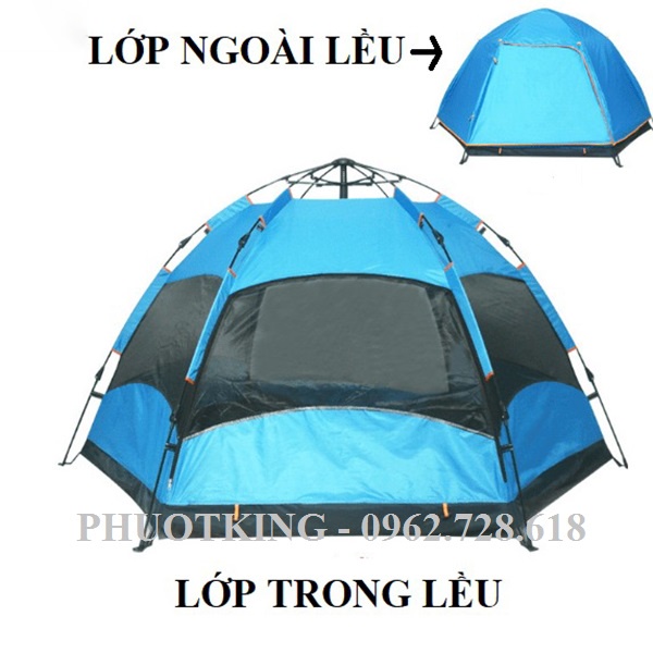 Lều cắm trại tự bung lục giác 4 - 6 người 2 lớp chống mưa