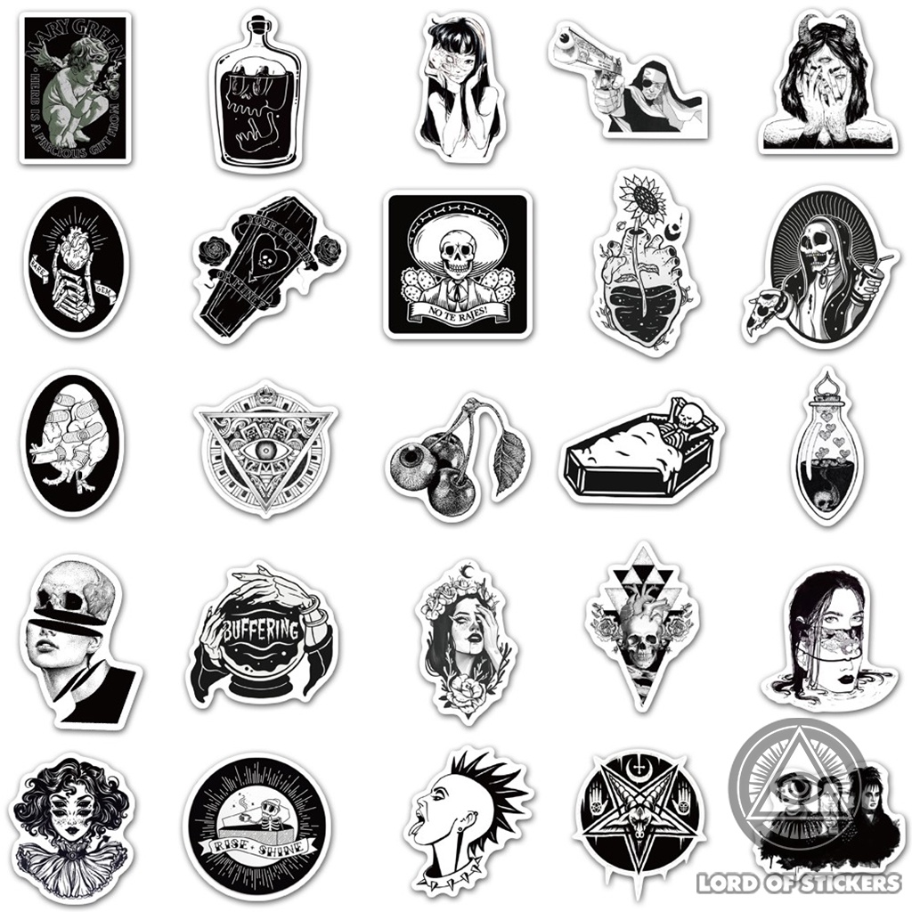 Set 100 Nhãn Dán Đen Trắng Graffiti Gothic Sticker Chống Thấm Nước Trang Trí Mũ Bảo Hiểm, Laptop, Điện Thoại, Đàn Guitar