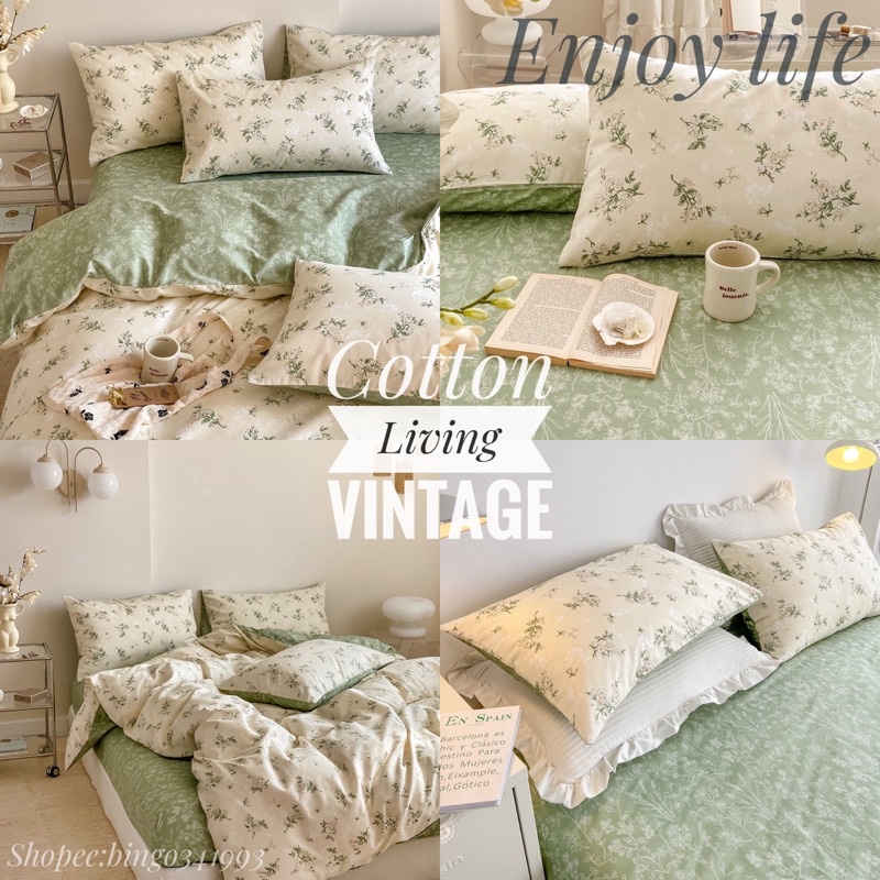 chăn ga gối Cotton living Cỏ ngọc vintage ảnh thật + clip quay sắc nét
