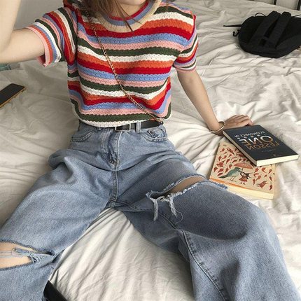 Quần jean rách SUXI ống rộng lưng cao màu trơn phong cách Hàn Quốc dành cho nữ