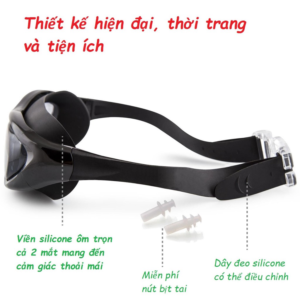 Kiếng bơi người lớn kèm mũ bơi và bịt tai kẹp mũi POPO Set-SBIG góc nhìn PANORAMA cản tia UV